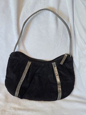 Y2k Lei Black Corduroy Shoulder Bag with Metallic Silver Accents
